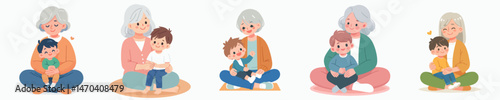 little boy sitting on grandmother's lap style vector flat design