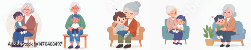 little boy sitting on grandmother's lap style vector flat design