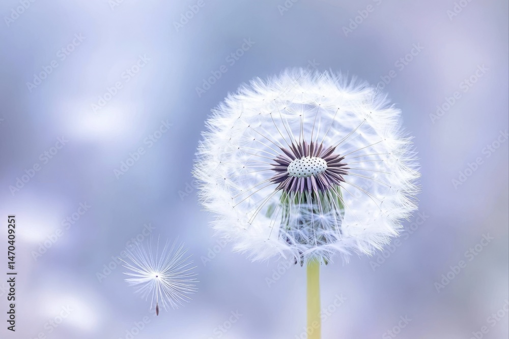 Fototapeta premium Dandelion seed head with flying seed for nature and spring concepts. use for botanical and floral designs.