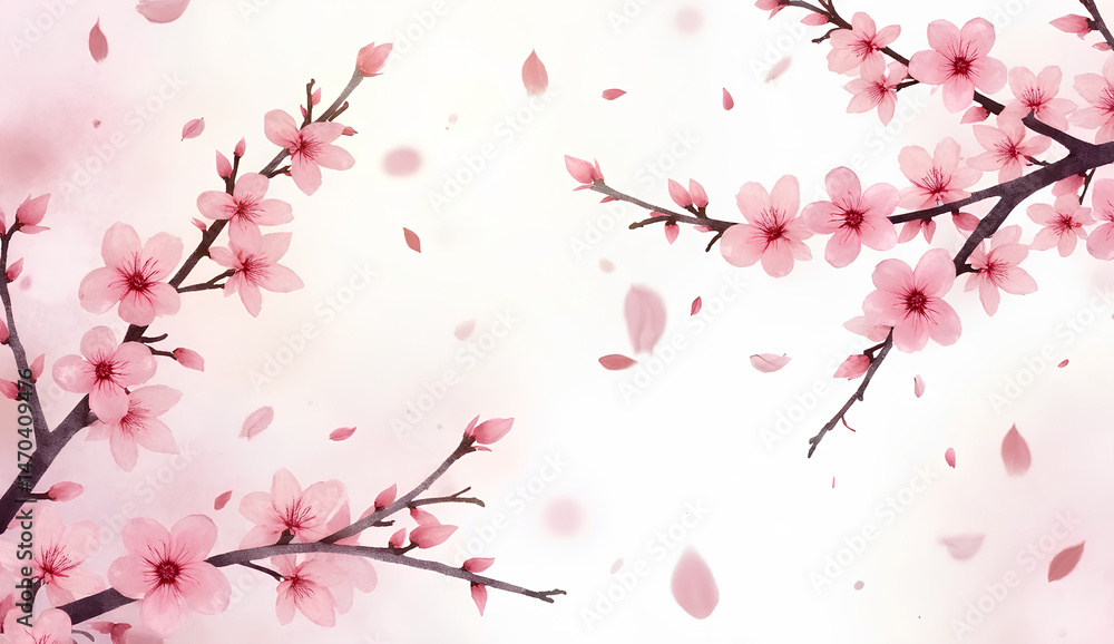Fototapeta premium Cherry Blossom Branches with Falling Petals on White Background