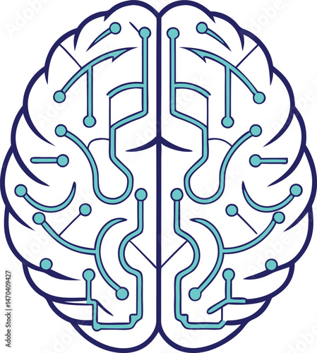 Top view of an abstract brain circuit with teal nodes and blue borders