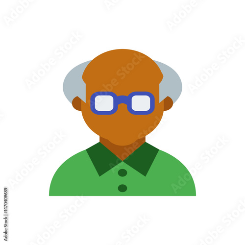 Illustration of an elderly man with glasses and a green shirt against a white background design element