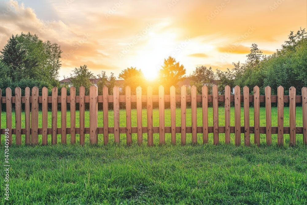 Obraz premium Wooden fence with green lawn and sunset sky, ideal for garden design and landscape concepts.