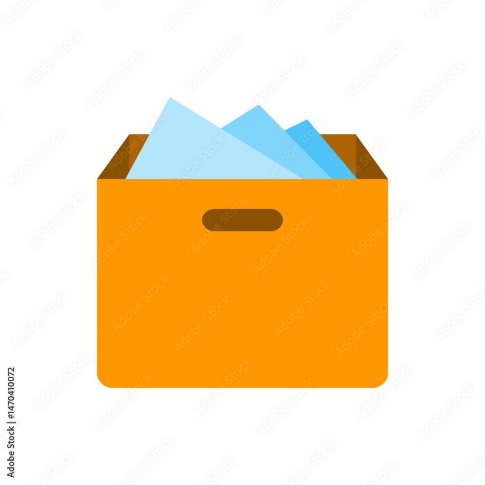 Illustration of an orange box filled with light blue papers and a brown handle on a white background Illustration of an orange box filled with light blue papers and a brown handle on a white background