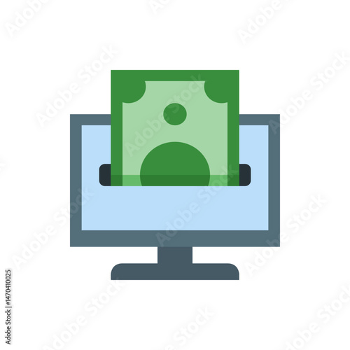 Illustration of a computer monitor displaying a green currency bill emerging from the screen slot online payment 100
