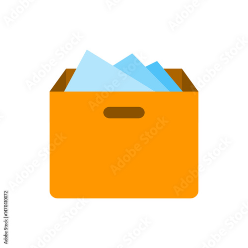Illustration of an orange box filled with light blue papers and a brown handle on a white background