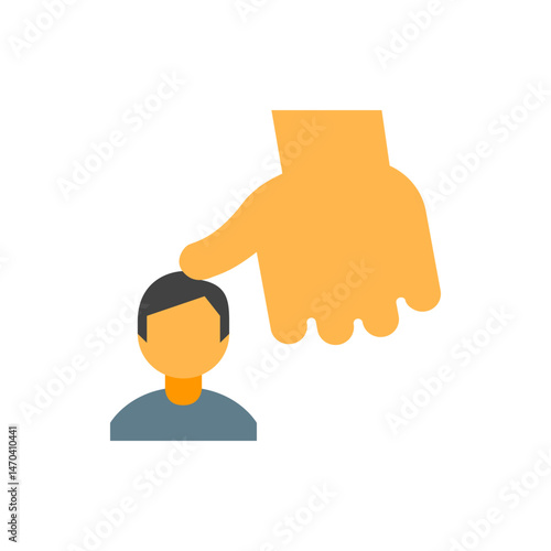 Illustration of a large hand touching the head of a small figure with a gray shirt and dark hair style
