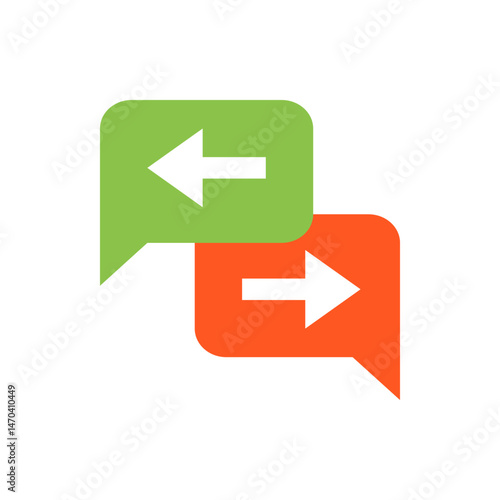 Two speech bubbles with arrows pointing in opposite directions representing communication or feedback loop