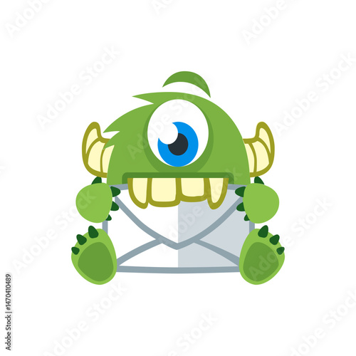 A green cartoon monster with one eye holding a gray envelope with both hands and a toothy grin displayed