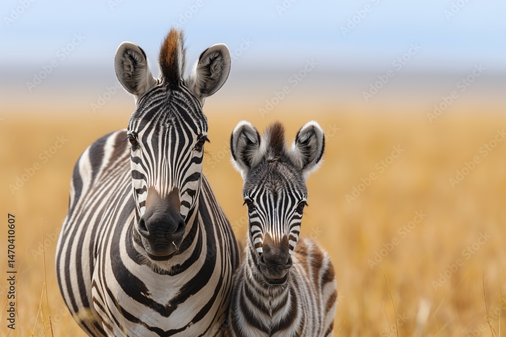 Naklejka premium Zebra and foal stand facing each other in golden grassland under a clear blue sky in the savanna