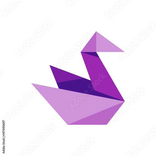 Geometric origami swan in shades of purple with folded paper effect on a white background design element