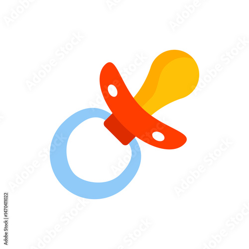 Illustration of a baby pacifier with a blue handle, red shield, and yellow nipple on a white background