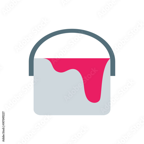 A paint bucket filled with pink paint showing drips and a gray handle on a white background, flat design