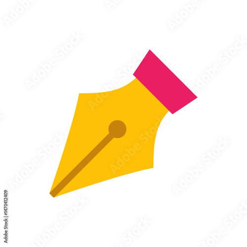 A close up of a yellow fountain pen with a brown nib and a pink cap on a white isolated background
