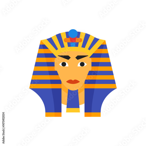 Illustration of pharaoh wearing a nemes headdress with blue and yellow stripes and a uraeus on the forehead