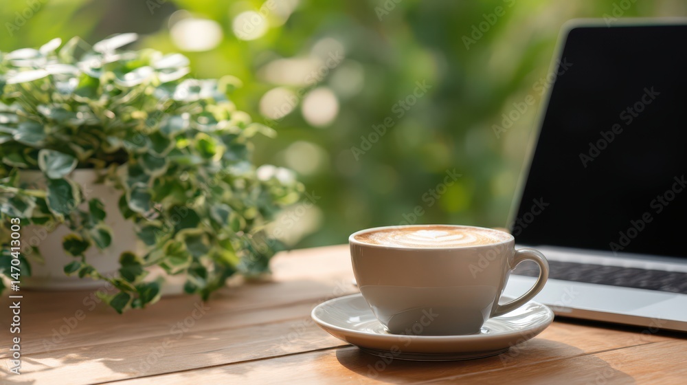 A cup of cappuccino coffee and a laptop on a wooden table with a green plant background A cup of cappuccino coffee and a laptop on a wooden table with a green plant background