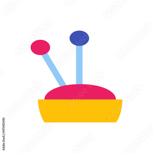 Illustration of a pincushion with a yellow base and pink top holding two pins with pink and blue heads