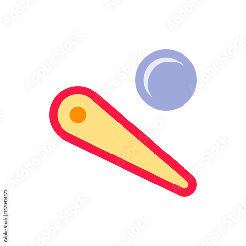 A pinball flipper outlined in red with a yellow fill and an orange pivot point next to a blue ball