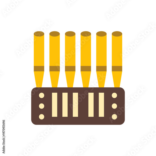 Illustration of six yellow organ pipes mounted on a brown base with vertical cream colored accents and dots