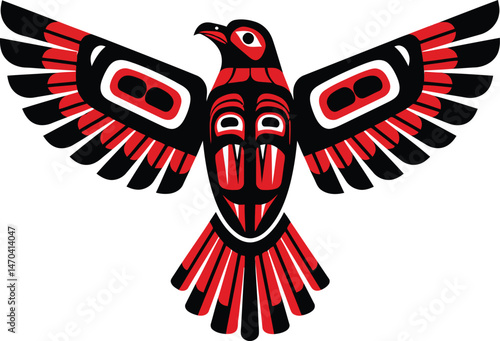 Native American style thunderbird tribal bird illustration with red and black symmetrical wings vector design 