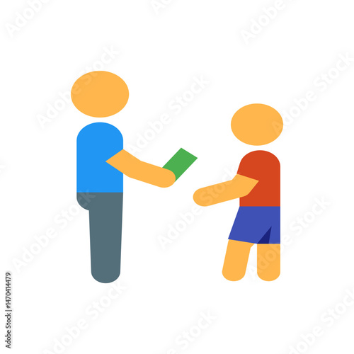 Person giving green object to another person with orange heads and blue and red clothing depicted