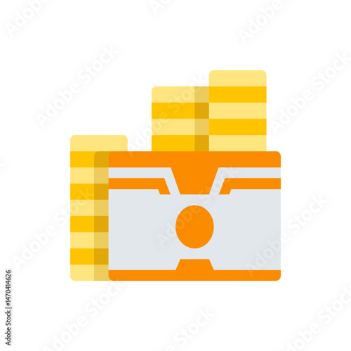 Illustration of a credit card with an orange border and gold coin stacks behind it on a white background
