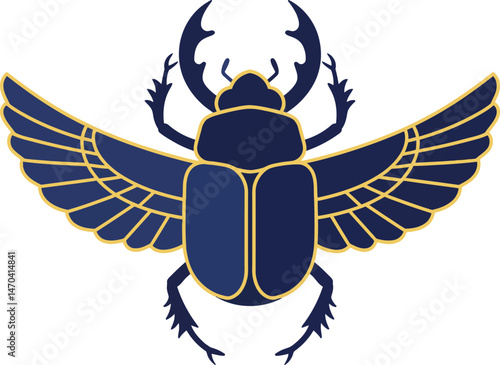 Scarab beetle with outstretched wings vector illustration in dark blue and gold outline design for decorative use 