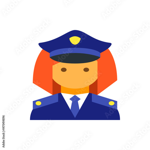 Illustration of a female police officer with red hair wearing a blue uniform and a matching police hat with badge
