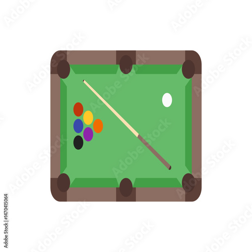 A billiard table with a cue stick and a set of balls racked and a white ball ready to start the game