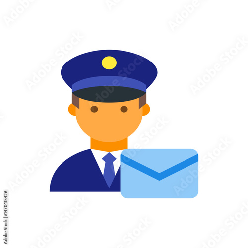 Illustration of a mailman in uniform holding a blue envelope with a tie and a hat with a yellow circle