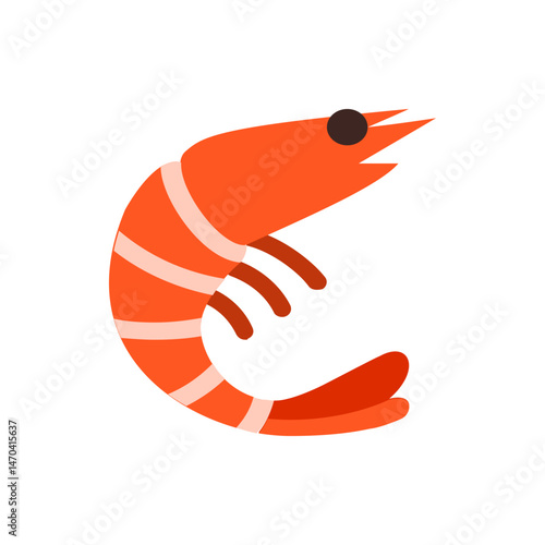 Illustration of a curved orange shrimp with white stripes and a dark brown eye on a white background