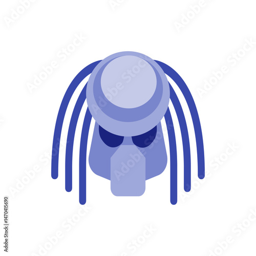 Stylized predator alien head with blue dreadlocks and a helmet in a flat design illustration style