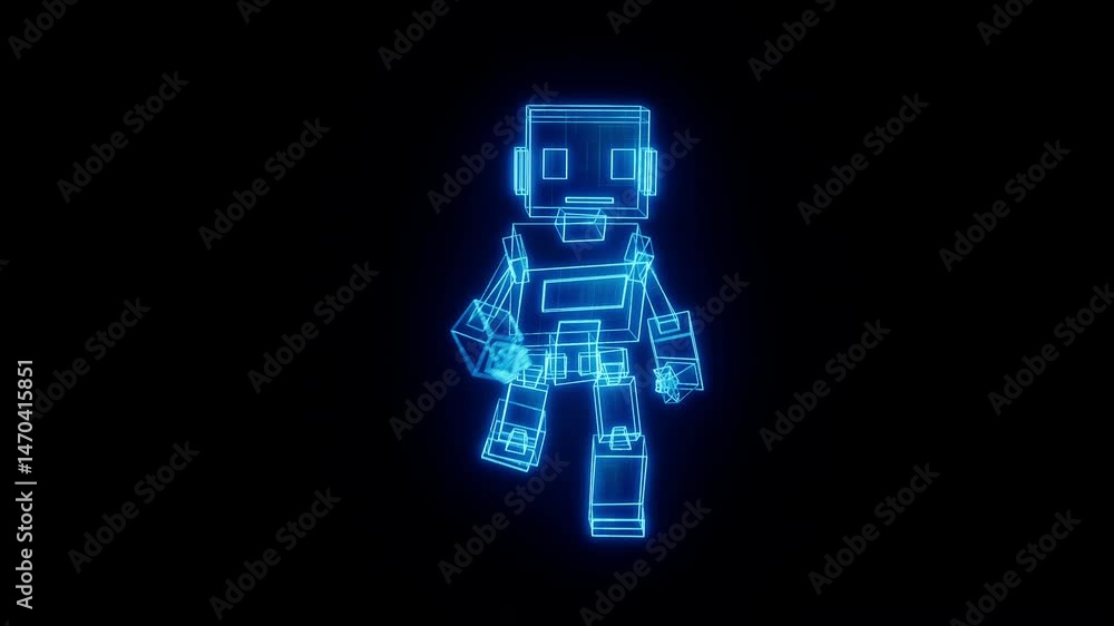 Digital hologram robot begins running motion. Ideal for transitions, system startups, or futuristic UI effects in sci-fi apps, tech intros, and AR/VR motion graphics. Digital hologram robot begins running motion. Ideal for transitions, system startups, or futuristic UI effects in sci-fi apps, tech intros, and AR/VR motion graphics.