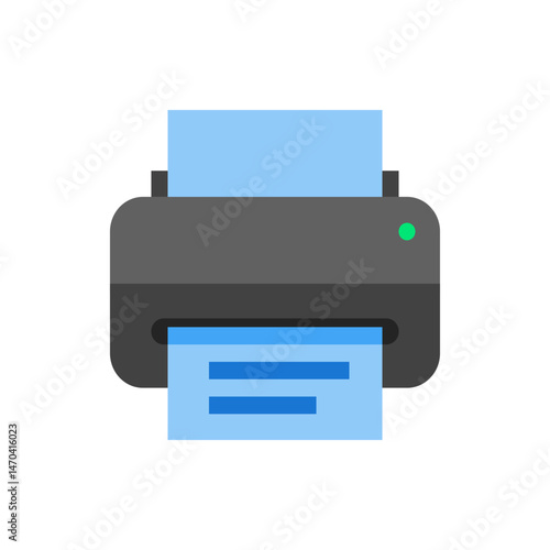 A gray printer with a green light printing a light blue document with dark blue text in a flat style