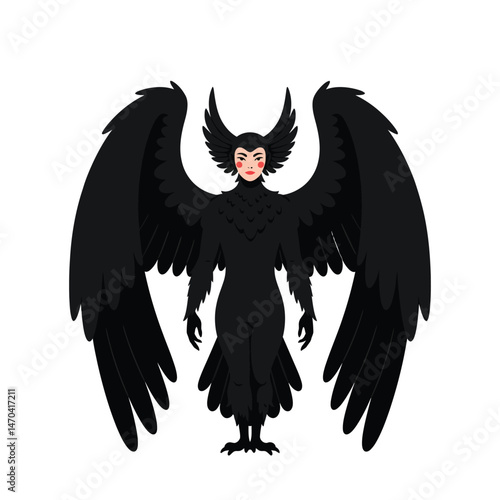 Dark winged harpy mythical creature with black feathers and humanoid features vector illustration