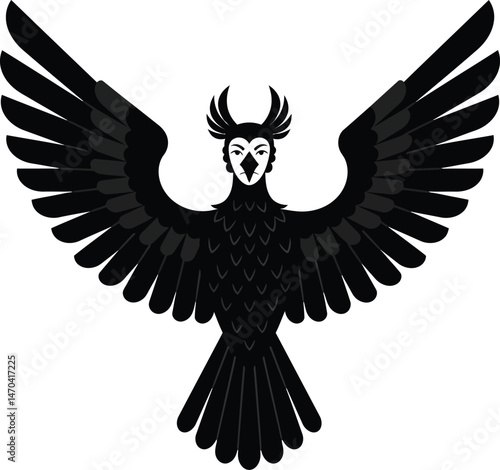 Black stylized bird with spread wings and detailed feathers vector illustration for graphic design and art projects