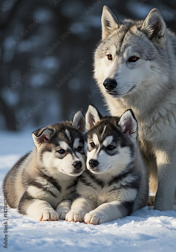 Naklejka premium Husky Family Winter Portrait: Mother's Love in the Snow AI Generated