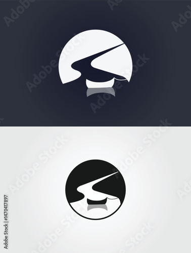 Minimalist landscape with river and boat abstract logo vector template design modern elegant style