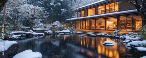 Onsen ryokan or a traditional classic modern Japanese house with Japanese garden in wintertime. Wide format. Generative AI