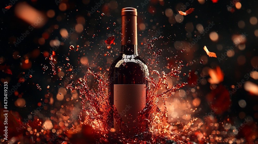 Fototapeta premium Red wine bottle surrounded by splashes and falling leaves