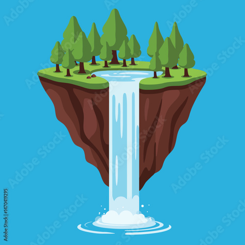 Floating island with waterfall and pine trees in bright blue sky vector illustration 