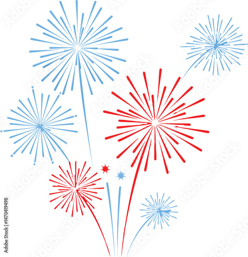 Red and blue fireworks bursting in sky celebration vector illustration with star shapes and sparkles 