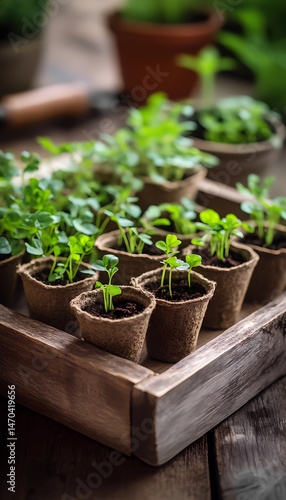 Young Plants in Biodegradable Pots on Wooden Tray