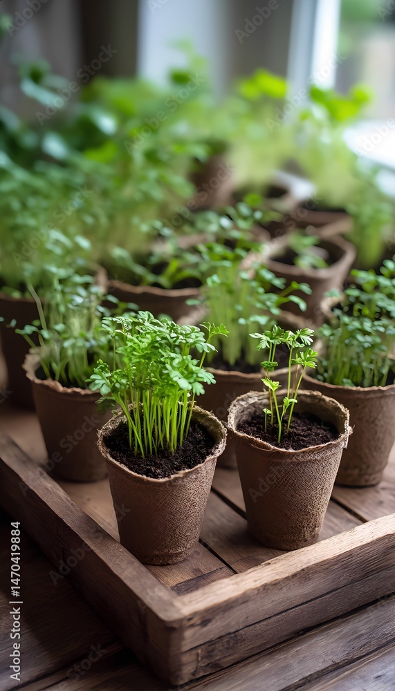 Young Plants in Biodegradable Pots on Wooden Tray Young Plants in Biodegradable Pots on Wooden Tray
