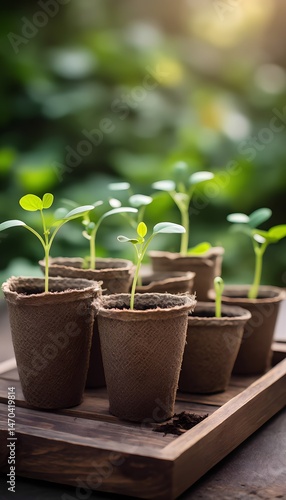 Young Plants in Biodegradable Pots on Wooden Tray
