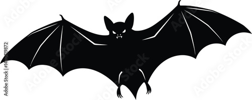 Bat silhouette flying with spread wings vector illustration in black and white design for Halloween or night themes 