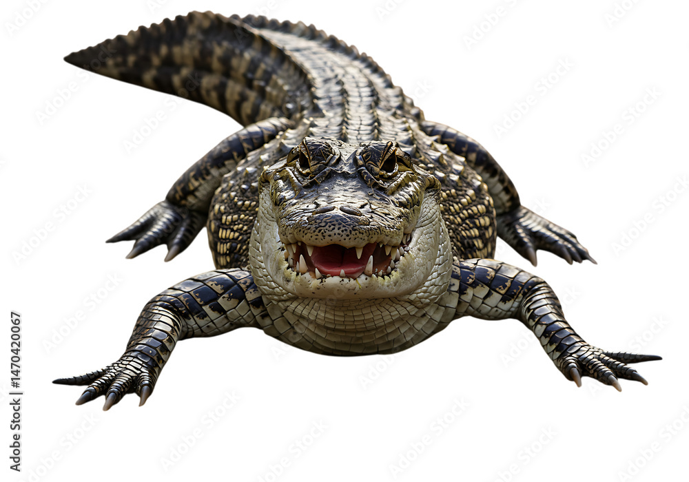 Fototapeta premium Alligator isolated on transparent background, showing teeth, for educational materials, wildlife projects, and conservation efforts.