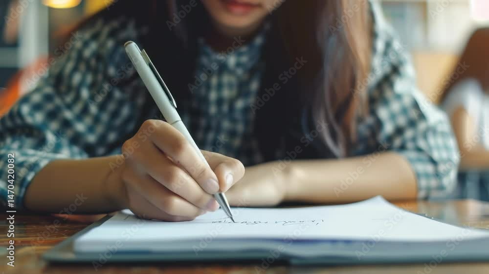 An individual diligently writes on paper with a pen at a table, highlighting focus and skill. The informal setting enhances the relaxed atmosphere, implying a thoughtful task in progress. An individual diligently writes on paper with a pen at a table, highlighting focus and skill. The informal setting enhances the relaxed atmosphere, implying a thoughtful task in progress.