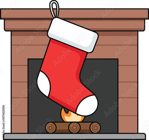 Christmas stocking hanging on fireplace with burning logs festive holiday decoration vector illustration 