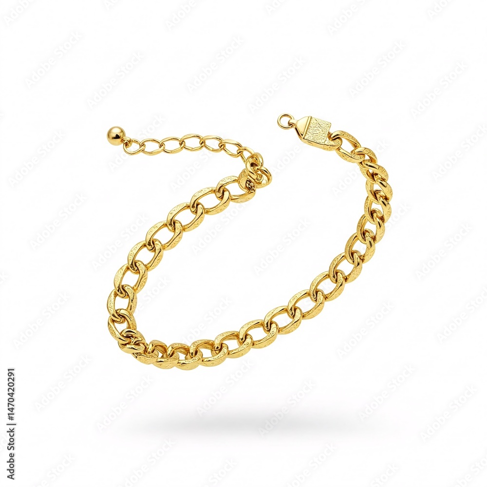 Golden chain bracelet with adjustable clasp on white background. Golden chain bracelet with adjustable clasp on white background.